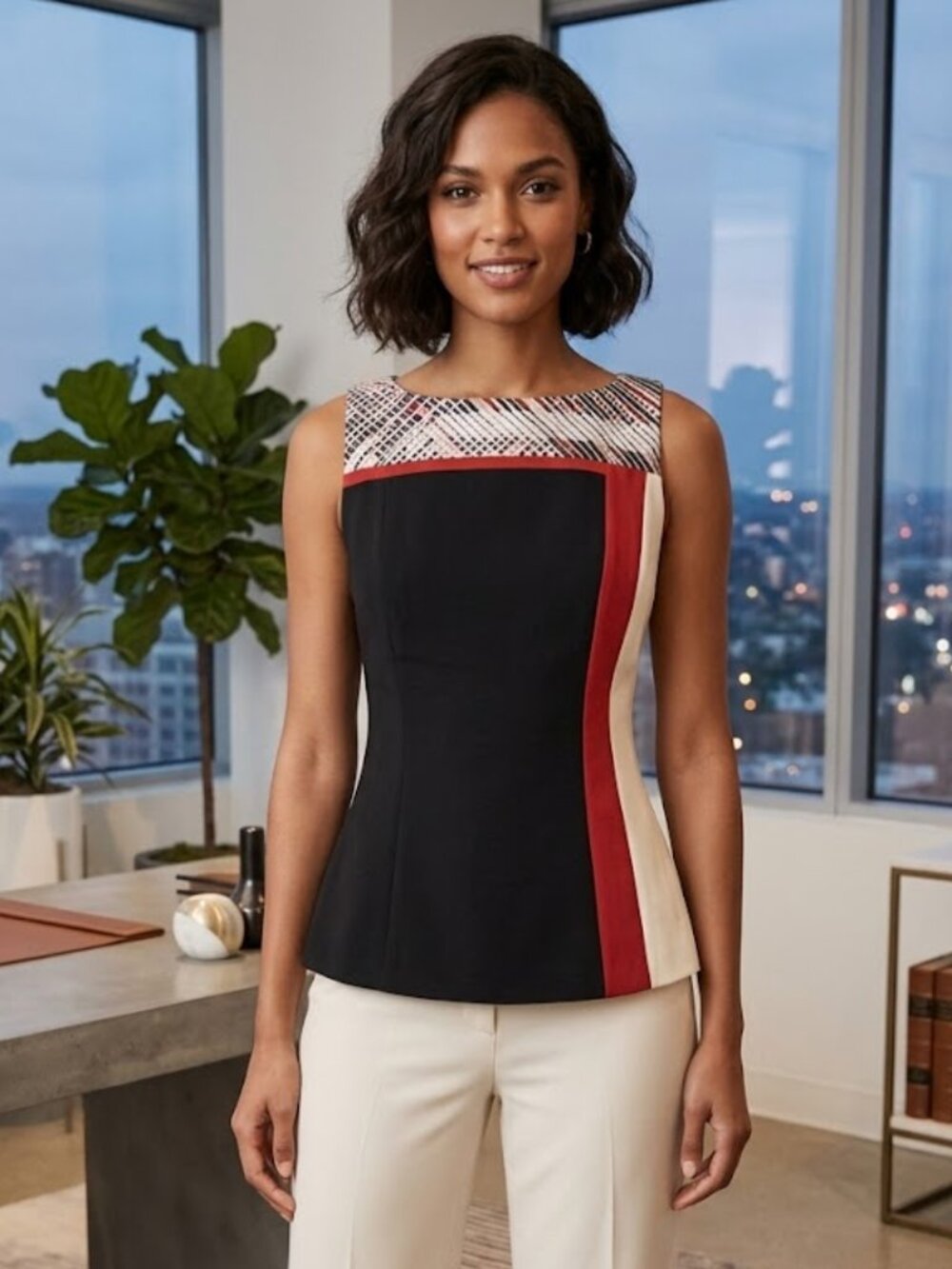 White House Black Market Tank Top Women 6 Black Red Sleeveless Blouse Embroider